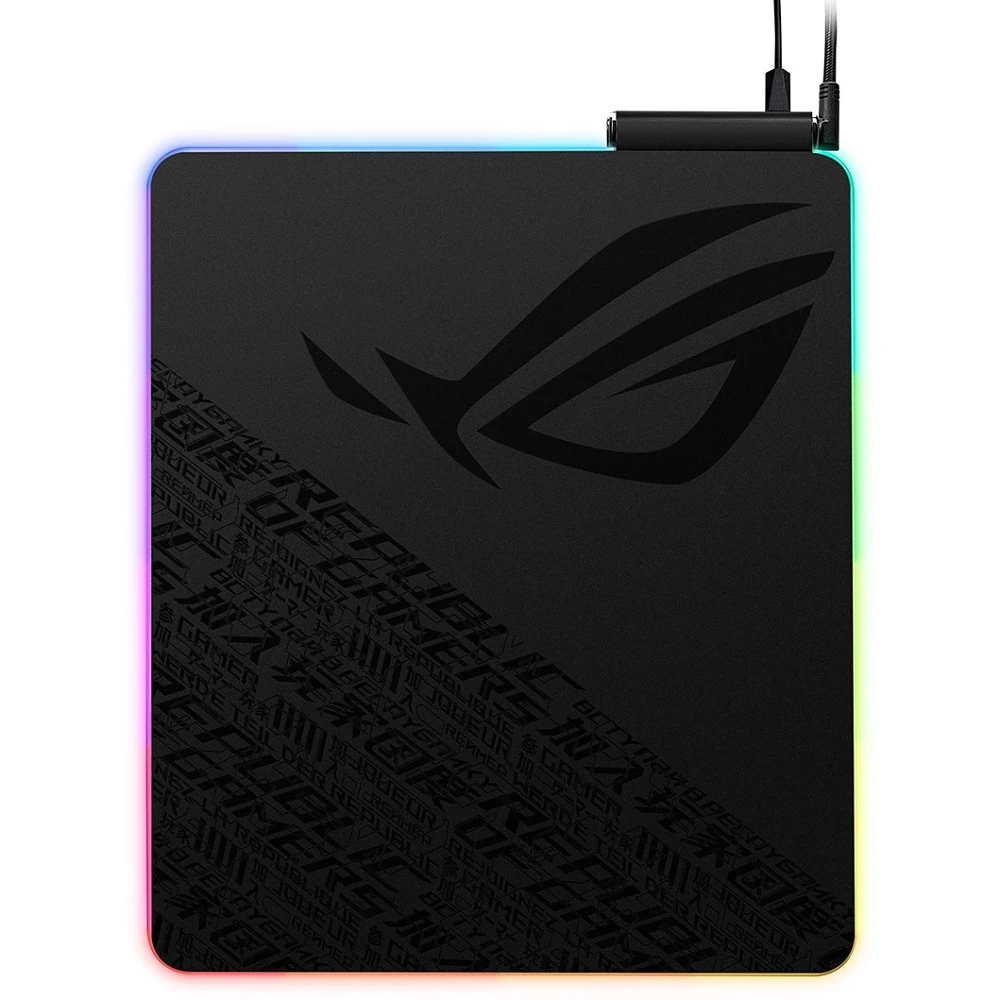 Коврик для мыши ASUS ROG Balteus Qi, пластик, резина, RGB-подсветка, USB 2.0, беспроводная зарядка, 370 x 320 x 7.9 мм, черный