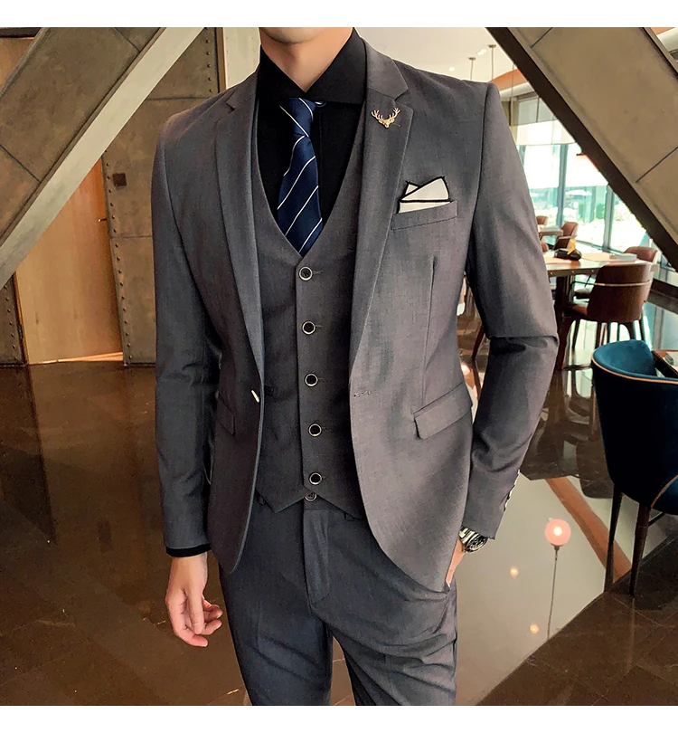 Сплошной цвет slim fit мужской костюм из 3 предметов свадебное платье мужской повседневный деловой пиджак Свадебный Выпускной костюм жениха одежда смокинг