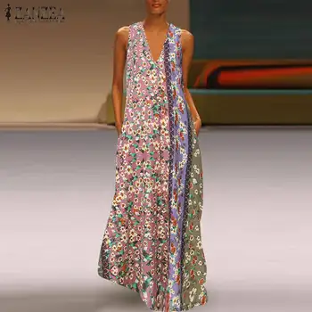 

Vintage Printed Maxi Dress Women's Summer Sundress 2020 ZANZEA Casual Sleeveless Tank Vestido Female V Neck Party Robe Plus Size