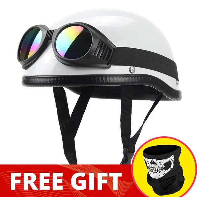 Motorcycle Helmet German Leather Vintage Casco Moto Motorcycle Open Face Retro Half Helmet Chopper Biker Pilot DOT Size S-XXL 307-White-Glasses 01