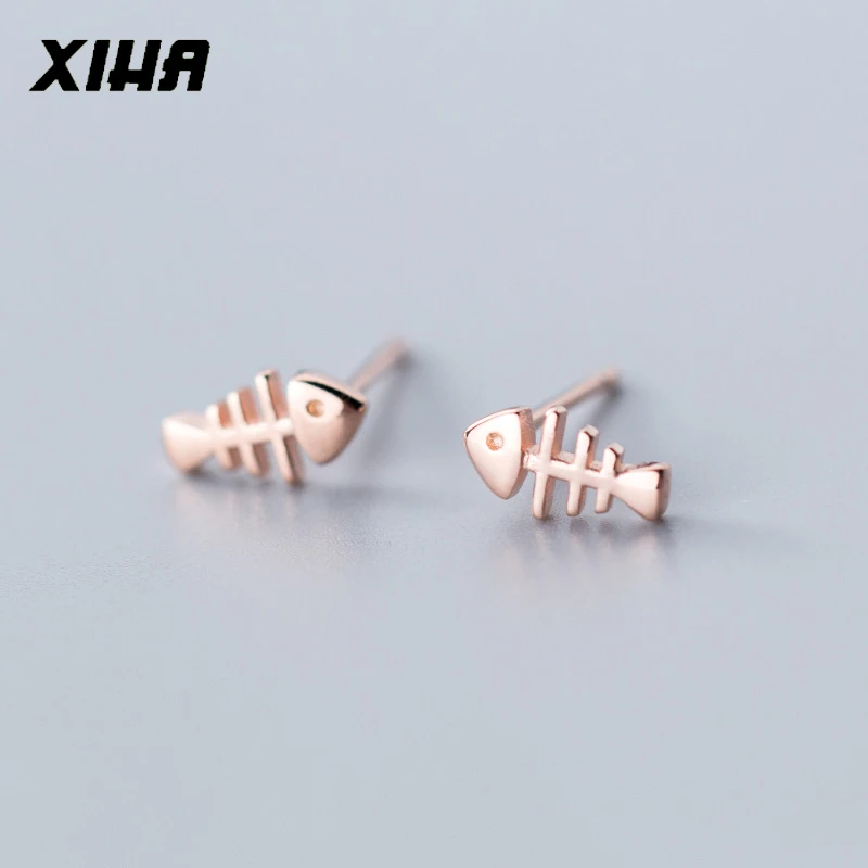 

XIHA 925 Sterling Silver Stud Earring for Women Fish Skeleton Small Silver Earrings earings-fashion-jewelry-2019 Dropshipping
