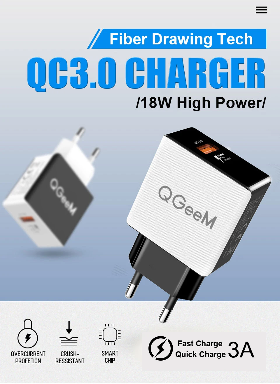 QGEEM QC 3,0 USB зарядное устройство волоконное быстрое зарядное устройство 3,0 быстрое зарядное устройство Портативный зарядный адаптер для телефона для iPhone Xiaomi Mi9 EU US