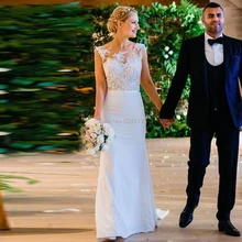 Bateau декольте атласная юбка-годе свадебное платье es с кружевными аппликациями с рукавами-крылышками V сзади длина пола свадебное платье