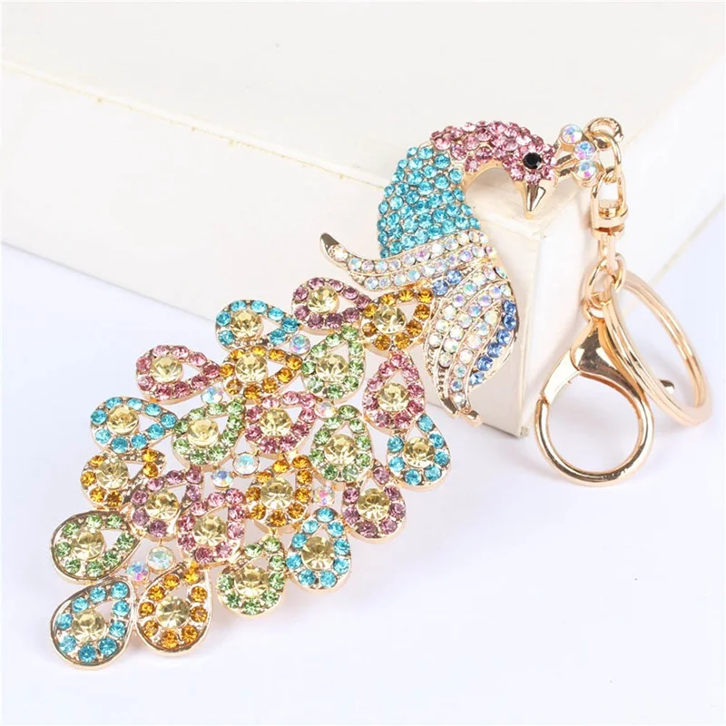 

4 Colors Full Rhinestone KeyChain Luxury Colorful Peacock Keychain Crystal Keyring Bag Pendants Car Key Chain Ring