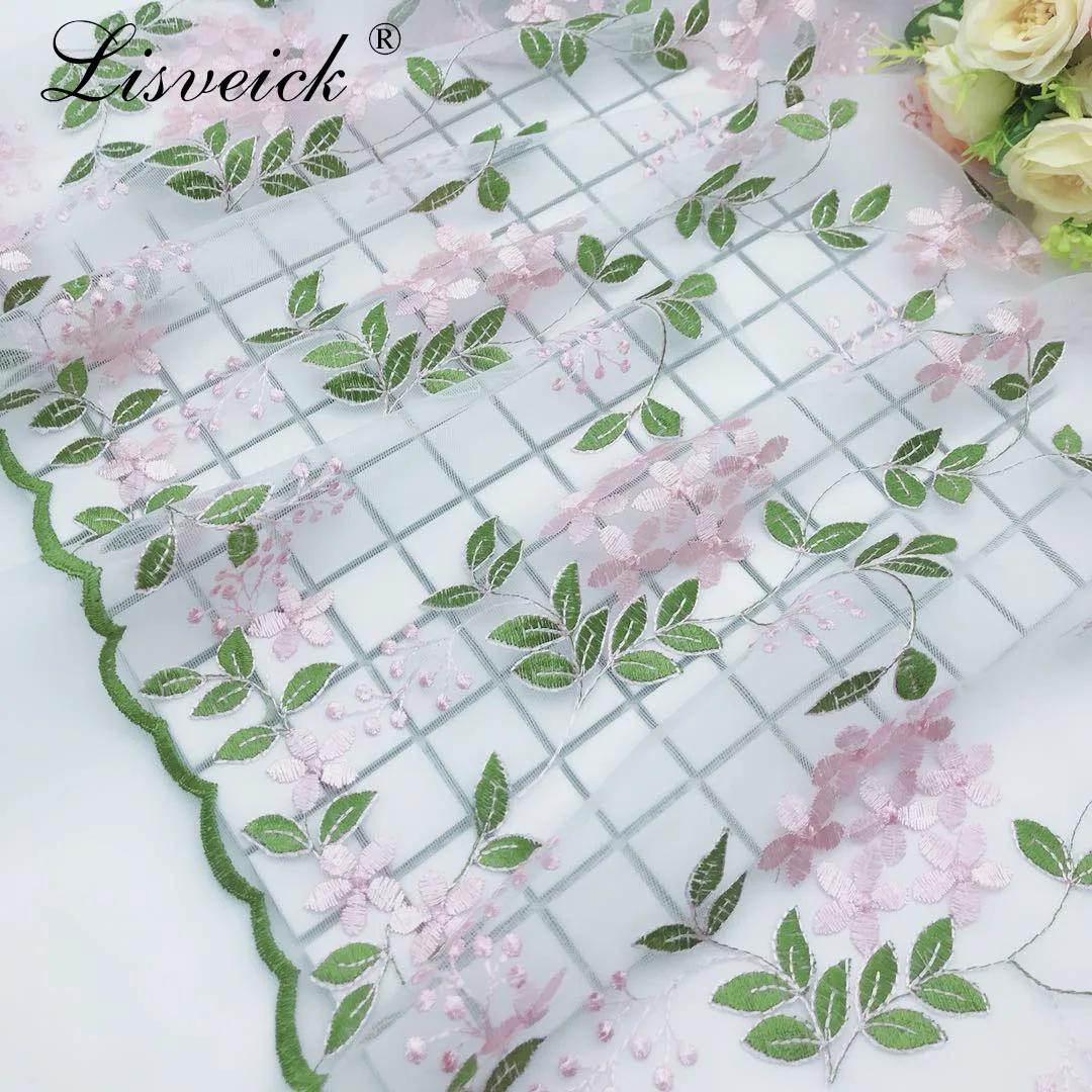 

1meter 135cm Defect Special Pink Floral Green Leaf Pattern Net Embroidery mesh Lace Fabric of DIY Webbing Dress Cloth Materials