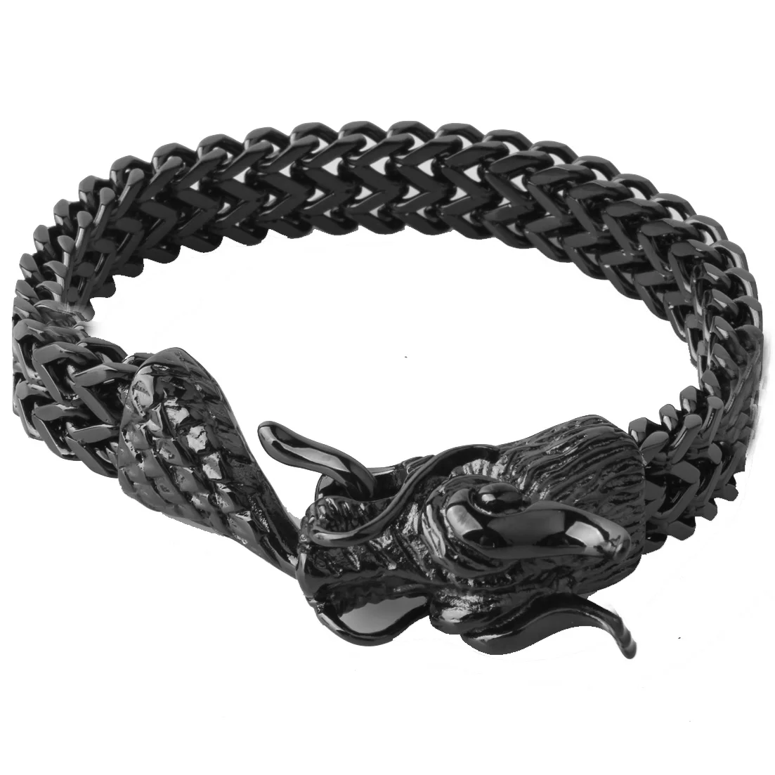 12 мм Прохладный Для Мужчин's Винтаж черный браслет с драконьей головкой на Двойная Цепочка плетения «лисий хвост» для Для мужчин Нержавеющая сталь ювелирных изделий с 9 дюймов
