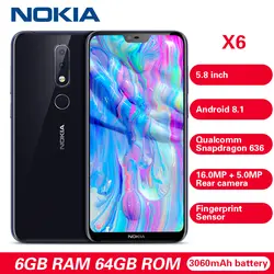 Смартфон Nokia X6 4G 5,8 'Android 8,1 Snapdragon 636 Octa Core 6 Гб 64 Гб 16.0MP отпечаток пальца 3060 мАч тип-c темно-синие сотовые телефоны