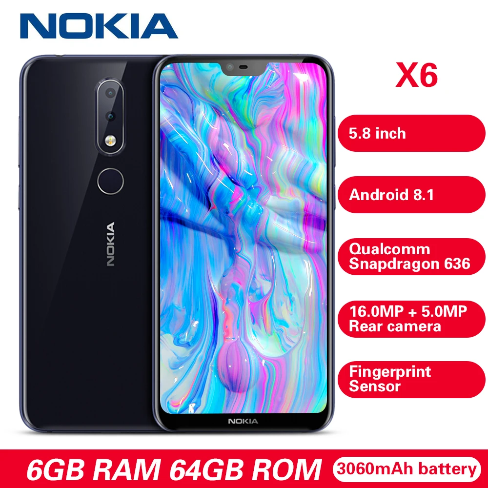 Отремонтированный смартфон Nokia X6 4G 5 8 дюймов Android 1 Восьмиядерный процессор Snapdragon