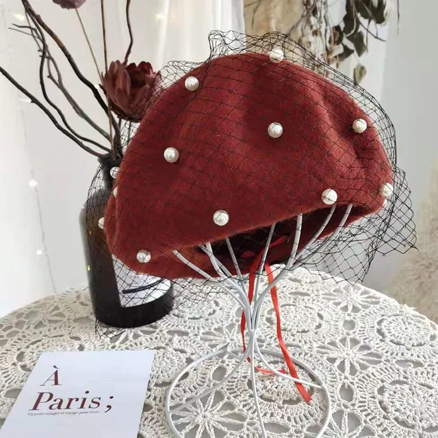 Chic Wool Blend Vintage London Beret With Veil Mesh Show Double Layer Women Beret Beanies Cap For Ladys Banquet Brick red