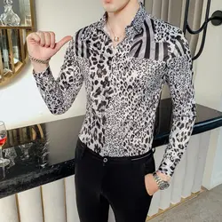 Рубашка с цветочным принтом, роскошная рубашка с леопардовым принтом, мужская рубашка с длинным рукавом, DJ Singer Camisa Homem Prom Camisa Masculina, вечерние