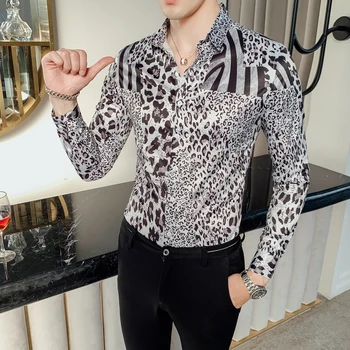 

Flower Shirt Luxury Leopard Print Shirt Men Long Sleeve DJ Singer Camisa Homem Prom Camisa Masculina Party Club Shirt Men