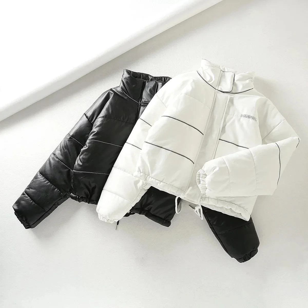 

Black White Striped reflective 3M Parkas Women Winter Autumn thick warm Female Jacket Coat Outwear PU faux leather Women Parkas