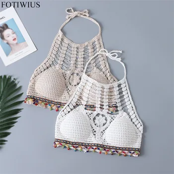 

2020 Summer Beach Bead Crochet Crop Top Bra Women Sexy Hollow Out Boho Knit Knitting Halter Camis Mujer Tank Top Tee Shirt Femme