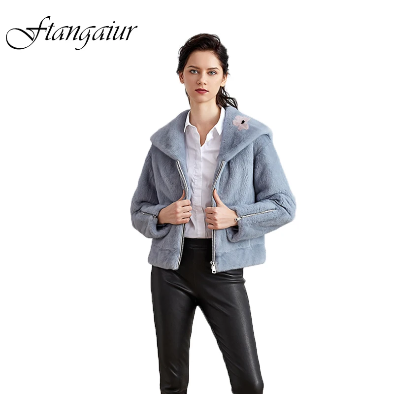 Ftangaiur Winter Import Velvet Mink Coat Print Flower Sailor Suit Style Mink Coat Women's Short Real Natural Mink Fur Coats
