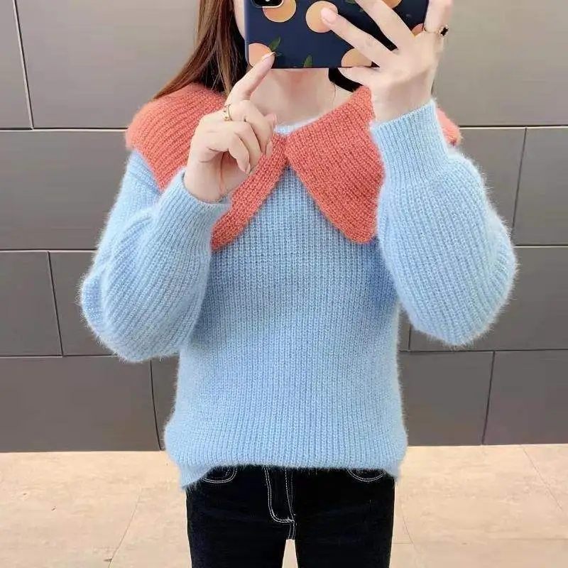 

2020 New Korean style doll collar color matching padded sweater women spring, autumn and winter hedging knitting base