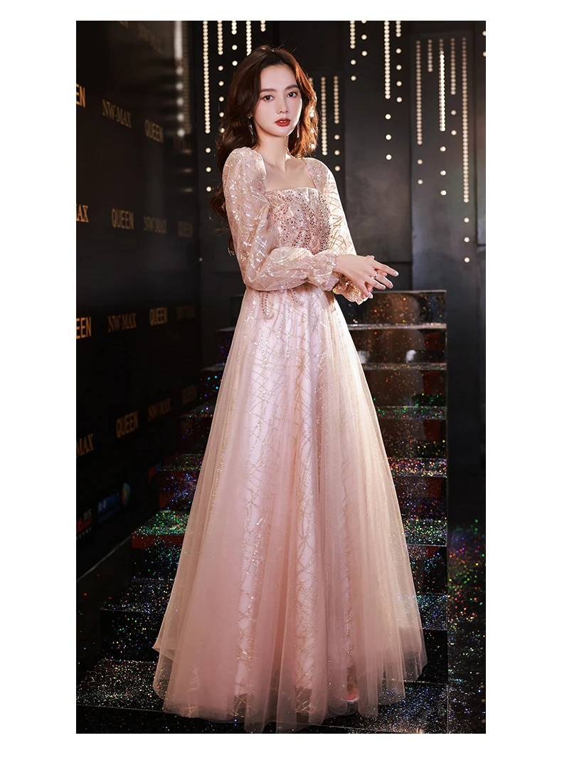 Long Sleeve Evening Dresses 2022 Elegant Square Neck A-Line Floor-Length Appliques Sequined Lace Women Formal Gowns plus size gowns