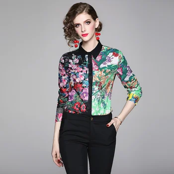 

New 2019 Autumn Winter Fashion Vintage Print Tops Women's Full Sleeve Elegant Ladies Vacation Runway Designer Shirt Blouse