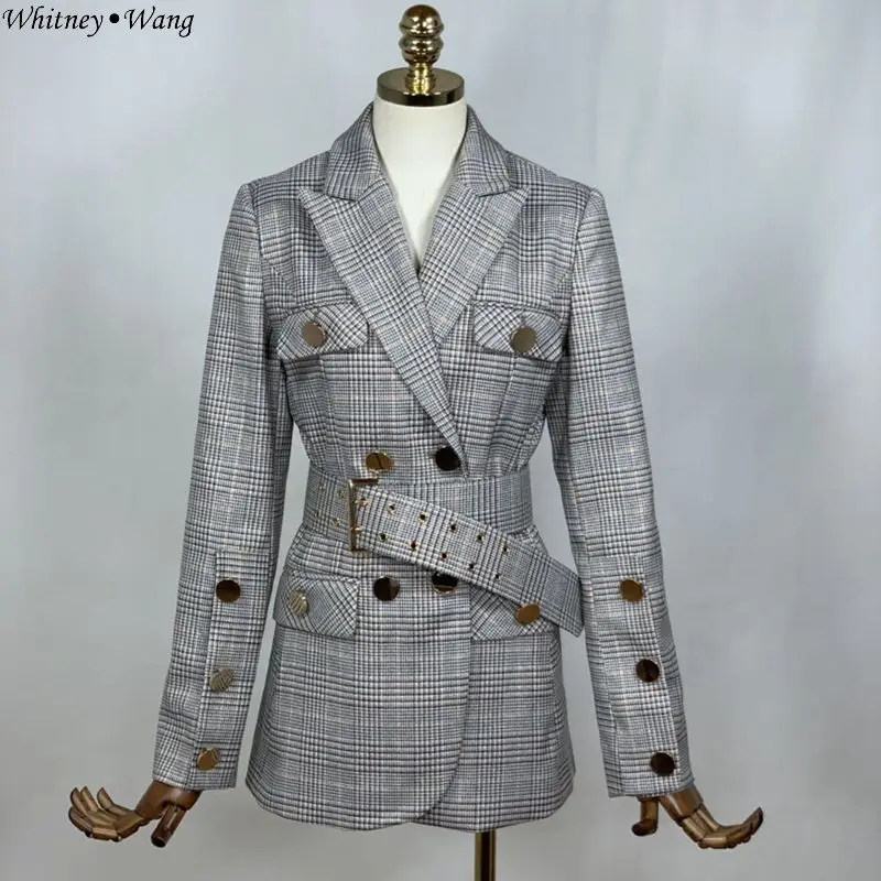 

WHITNEY WANG 2019 Autumn Fashion Streetwear Belt Plaid Blazer Women Stylish Blazers