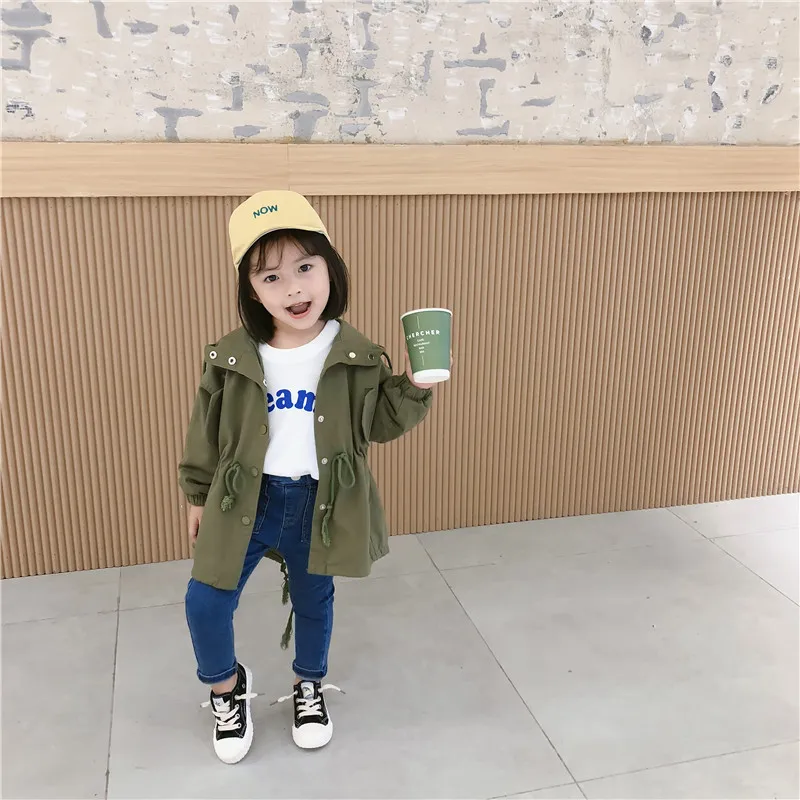 

2019 Autumn New Arrival korean style cotton pure color long style all-match hooded windbreak coat for fashion cute baby girls