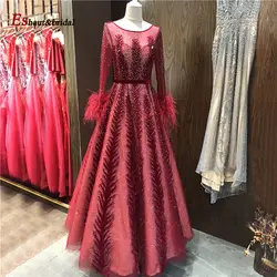 Элегантные вечерние платья в Дубае с длинными рукавами и карманами, украшенные перьями и кристаллами ручной работы, вечерние платья с