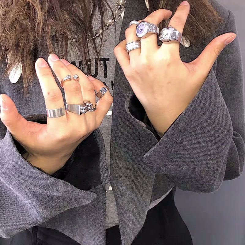 FFLACELL Vintage Punk Elastic Stretchy Quartz Finger Watch Ring Couples Rings for Women Man Hip-hop Couple Accessories