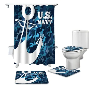

Blue And White Anchor Camouflage Shower Curtains Set Bath Mat Set Toilet Cover Waterproof Bathroom Shower Curtain and Rug Sets