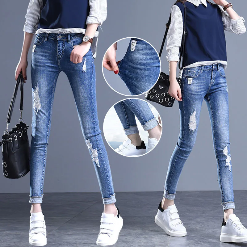Мода плюс размер рваные джинсы для женщин с высокой талией синие эластичные узкие брюки винтажные узкие джинсы женские