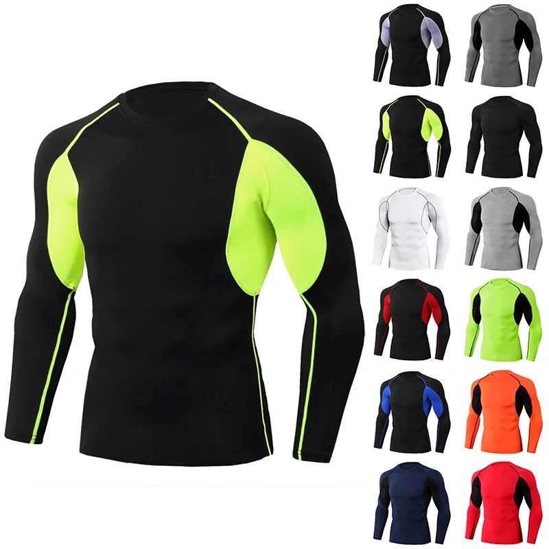 

Men Slim Athletic Shirt Sports Base Layer Tight Fit Tops Stretch Long Sleeve Optional Color Size Durable Polyester Spandex