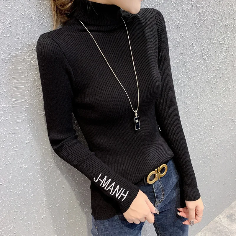 Sweater Women's High Neck Slim Stripe Long Sleeve Women's Autumn Winter Thickened Sweater Pullover Turtleneck  Office Lady Thick