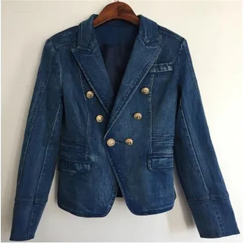 

HIGH STREET New Fashion 2018 Designer Blazer Jacket Women's Metal Lion Buttons Double Breasted Denim Blazer Outer Coat