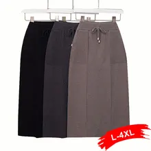 Женские вязаные юбки больших размеров с эластичной резинкой на талии и завязками, 4Xl, осенняя прямая длинная плотная трикотажная юбка миди с карманом