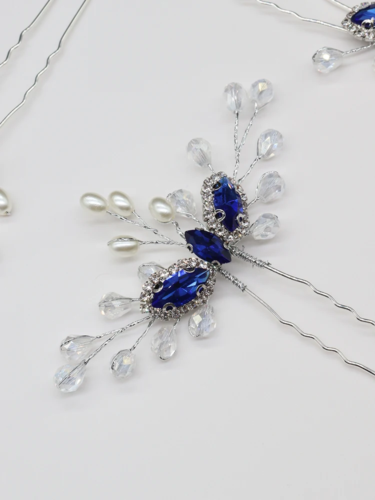 Romantic Blue Bridal Hair Pins Rhinestone Crystal Women Headpieces Prom Party Hair Jewelry Wedding Accessory 3PCS Clip