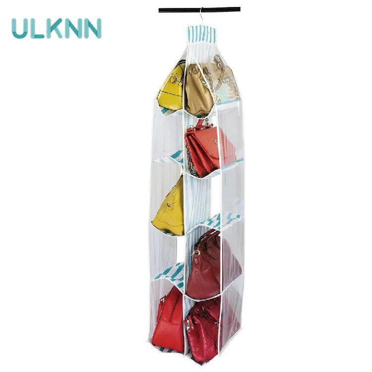 

Hanging Purse Handbag Organizer Clear Hanging Shelf Bag Collection Storage Holder Wardrobe Closet Space Saving Fabric Grey