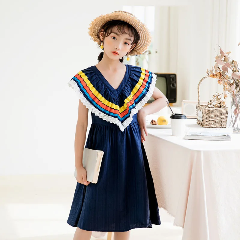 

Lace Patchwork Preppy Style Dresses For Little Big Girls Cotton Knee Length Princess Dress Kids Clothes Children Party Dresses