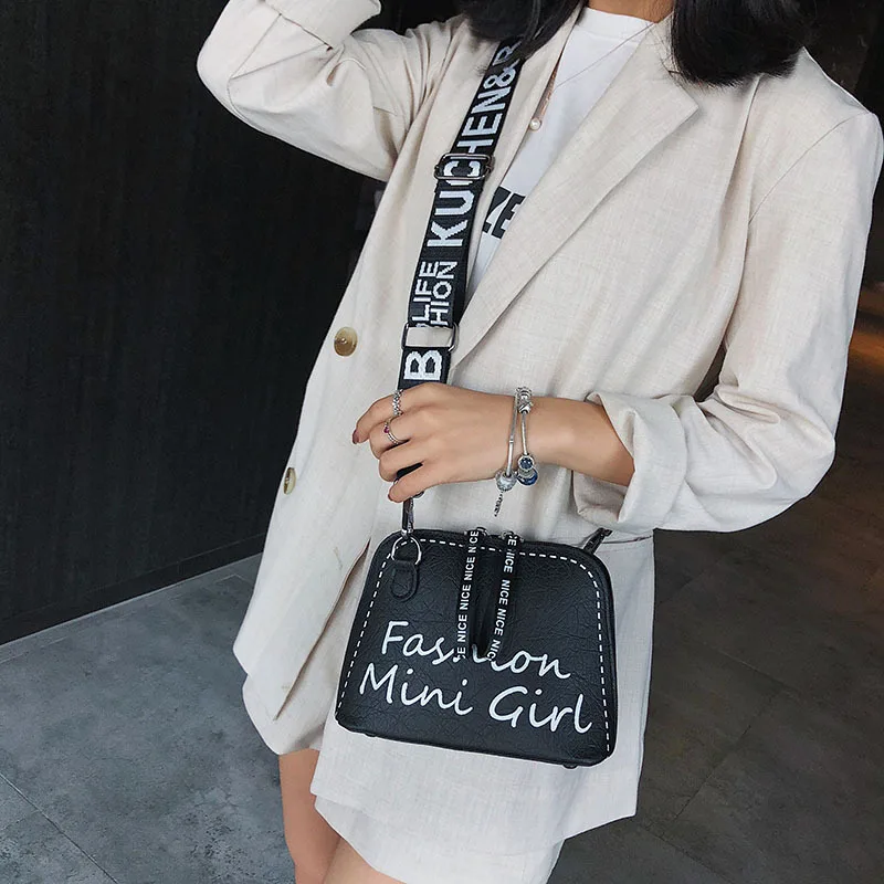 

Small Bag Women's Korean-style Versitile Fashion Lettered Shell Bag Cool Wide-Strap Retro Trend Shoulder Bag