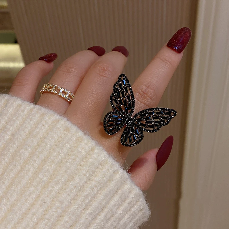 Mysterious Sexy Black Crystal Butterfly Rings Korean Fashion Jewelry Party Gothic Girl's Exaggerated Accessories For Woman 2021 - Image 4