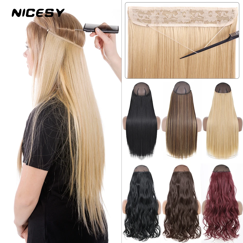 Nicesy No Clip Halo Hair Extension Ombre Synthetic Artificial Natural Fake  False Long Short Straight Hairpiece Blonde For Women - Synthetic Clip-in  One Piece(for White) - AliExpress