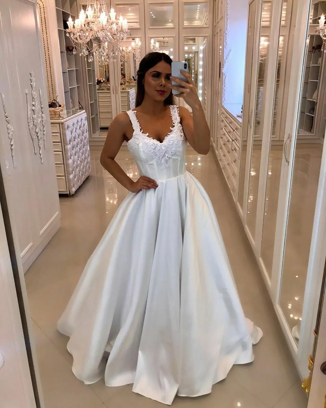 Vestido De Noiva Свадебные платья А-силуэт атласная аппликация Дубай свадебное платье Спагетти ремни v-образным вырезом Robe De Mariee