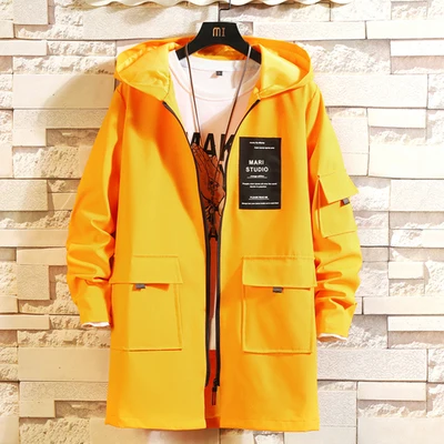 605-Yellow HCXY Мужское пальто Boyes shelter Длинная Куртка мужская элегантные пальто Черная ветровка с капюшоном мужские свободные пальто Тренч 6XL - Цвет: 605-Yellow