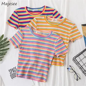 T-shirts Women Striped Rainbow Color Tunic Crop Tops Bottoming Summer Hot Sale Slim Chic Popular Short Sleeve T-shirt Sweet Girl