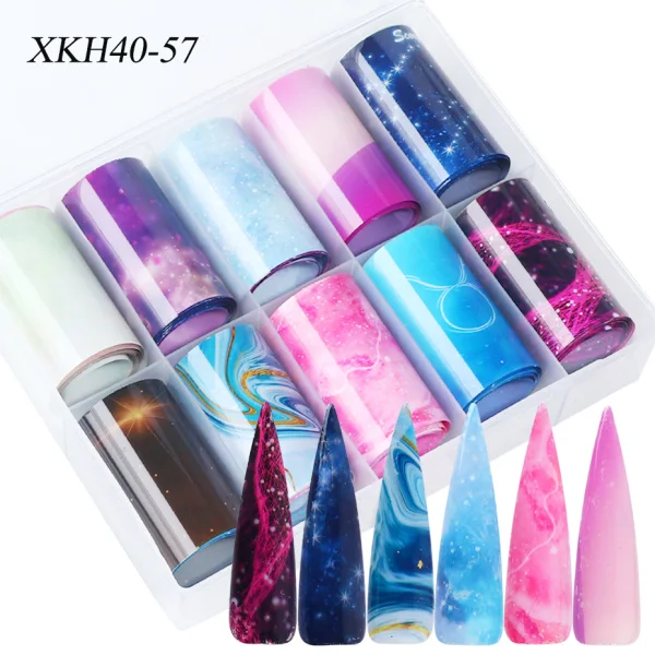 XKH40-57 10 цветов/Набор для дизайна ногтей Фольга мраморная звездное небо бумага DIY бусины в форме цветов металлический ползунок клейкие переводные наклейки татуировки аксессуары CH1027 - Цвет: XKH40-57