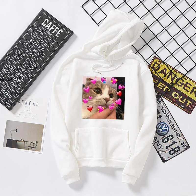 

Lovely Kitten Print Women Oversized Hoodies Women White with Hood Sweatshirts Women's Gown Long Sleeve Female Clothes Tops