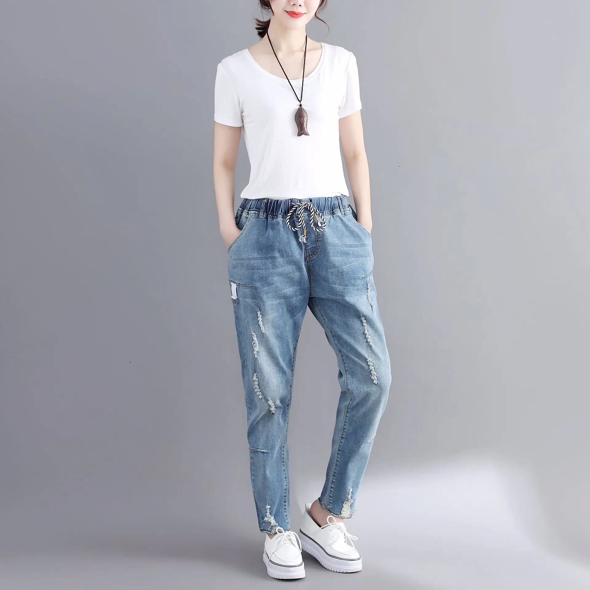 Jeans woman Stretch Pencil Pants Plus Size Elastic Waist Thin Ripped Jeans Women 2020 Summer