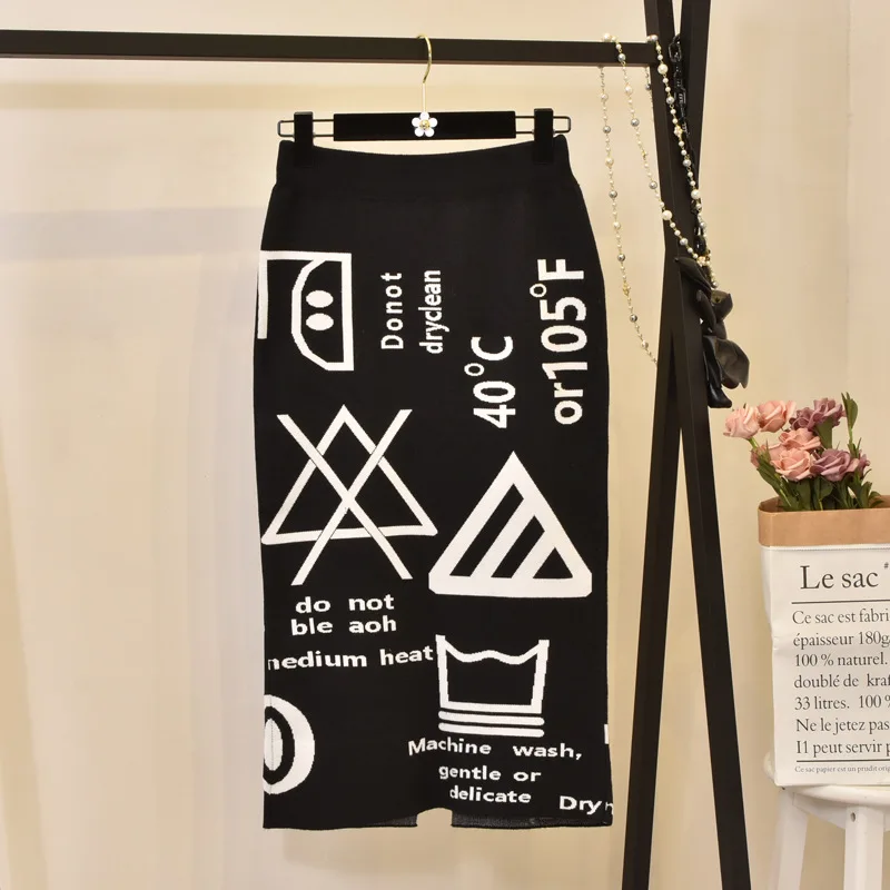 Women's Skirt Knitting embroidery Autumn Letters Knit Thick Soft Pencil Skirts Students Japan Woman Faldas Female LS149