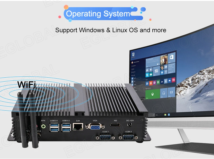 Eglobal Industrial Fanless Mini PC with I5 6300U, I7 10510U, Windows 7/8/10, VPN Router, VGA, HDMI, 4G, WiFi, BT Description Image.