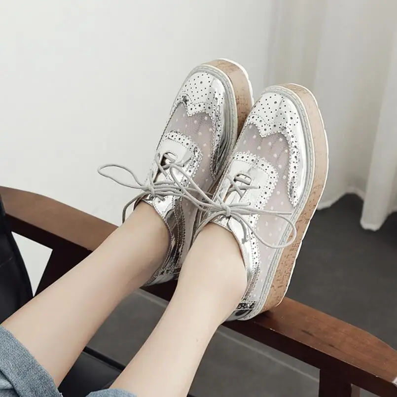 

2019 summer lace brogue shoes woman leather air mesh patchwork platform shoes silver espadrilles creepers women cutout flats 354