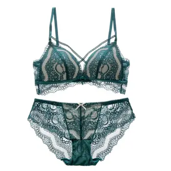 

Women Lace Beauty Back Hollow No Trace No Steel Ring Gathered Breathable Bra & Brief Sets