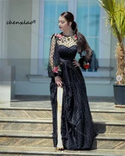 

Chenxiao Black Polka Dotted Tulle Evening Dresses Long Sleeves 3D Flowers Prom Gowns With Slit O-Neck Formal Party Dress Women