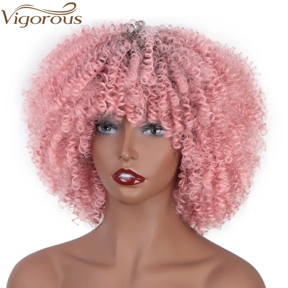 Vigorous Synthetic Wigs Short Afro Kinky Curly Ombre Pink Hair for Black Women 10Inches Wigs Natural Purple Heat Resistant Hair