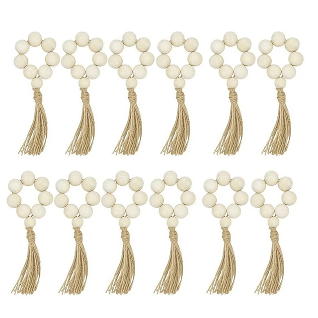 12Pcs Wood Bead Napkin Rings with Tassels Rustic Farmhouse Wood Beads Garland Wall Hanging Decor Weddings Home Decor 1